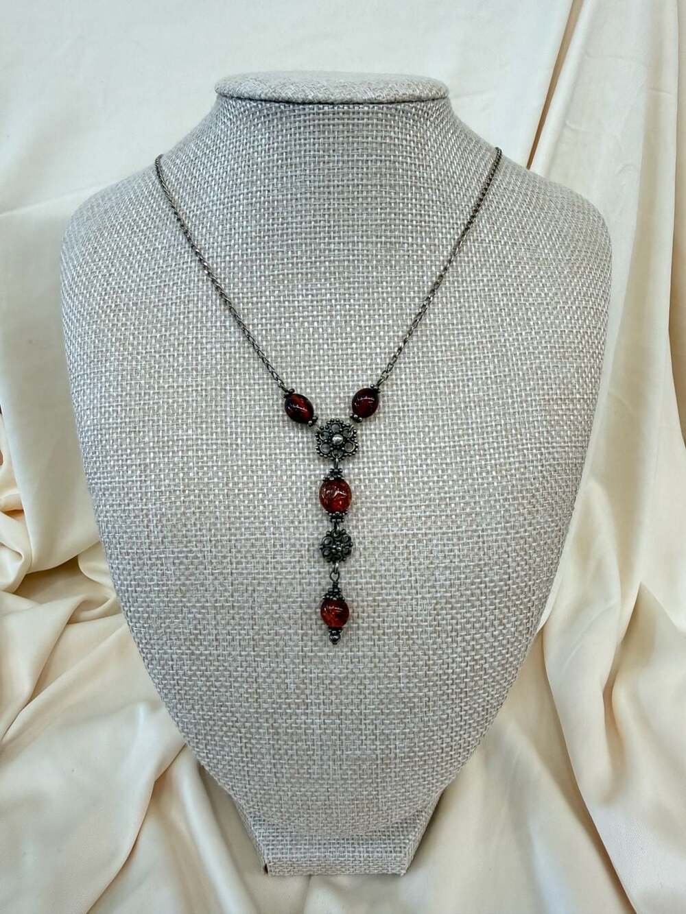 Vintage Style Amber Glass Bead Silver Tone Filigree Drop Necklace 22"